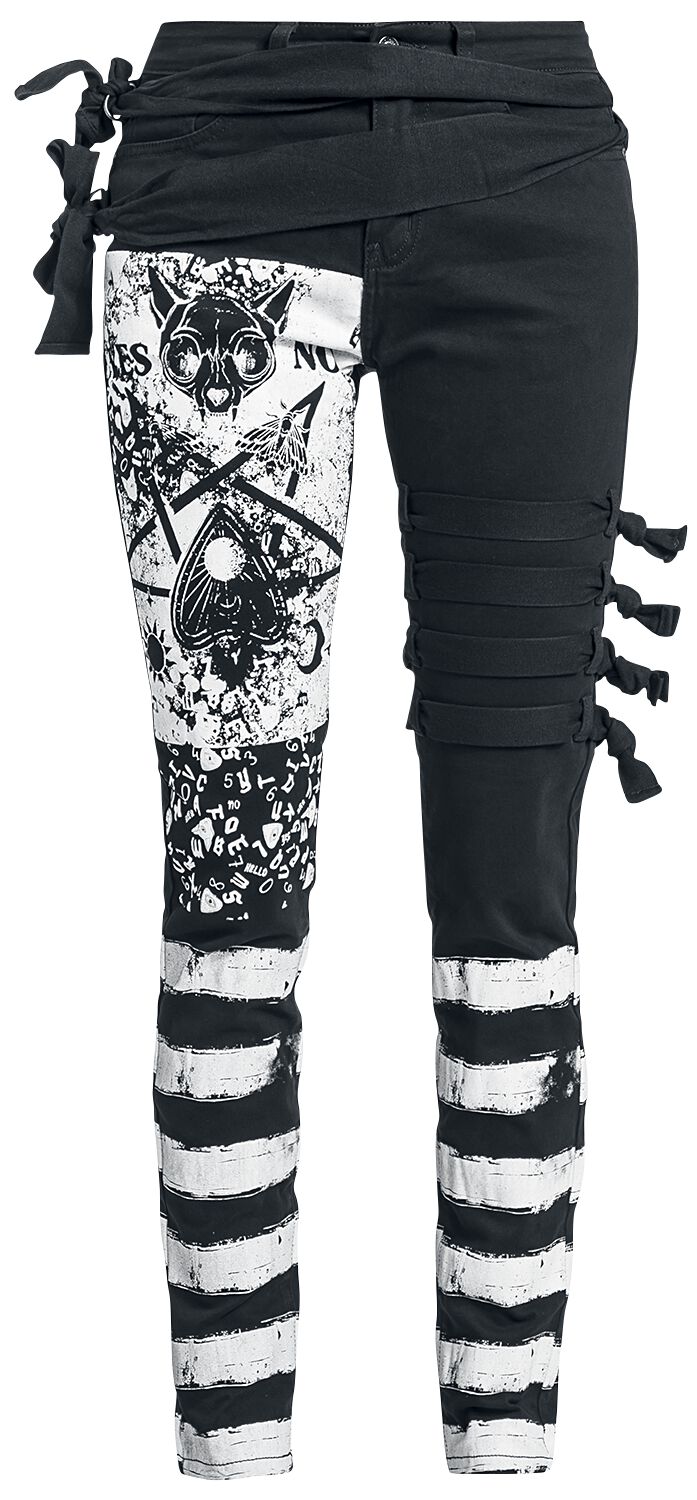 Gothicana by EMP - Gothic Jeans - Skarlett - Jeans mit Prints und dekorativen Bändern - W27L30 bis W31L34 - für Damen - Größe W28L32 - schwarz/weiß