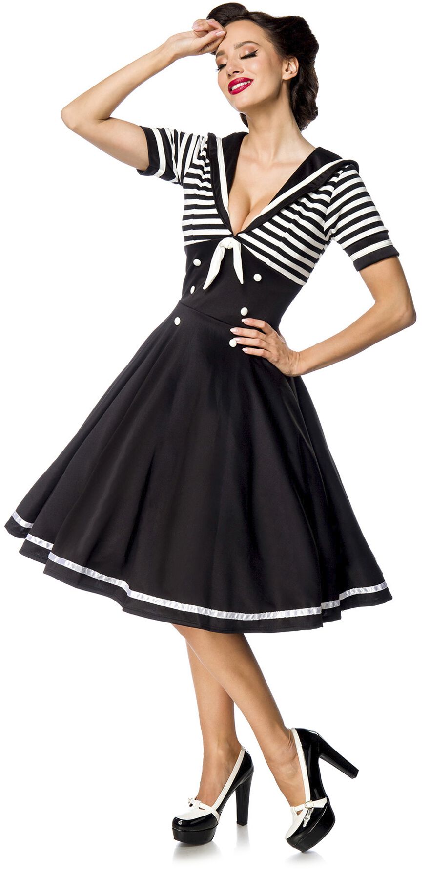 Belsira - Rockabilly Kleid knielang - Swing-Kleid im Marinelook - S bis 4XL - für Damen - Größe L - schwarz/weiß