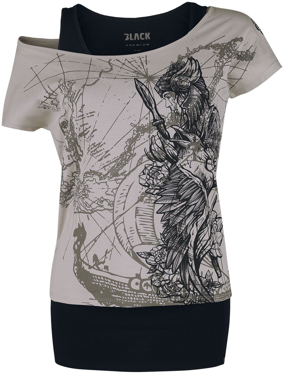 Black Premium by EMP T-Shirt - Double-Layer-T-Shirt mit detailreichem Frontprint - S bis XXL - für Damen - Größe S - grau/schwarz