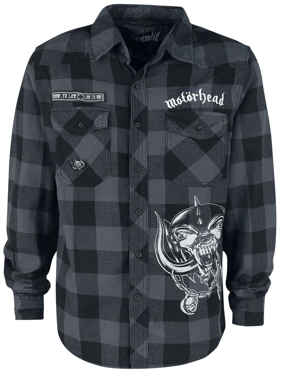 Motörhead Brandit Bastards - Checkshirt Langarmhemd schwarz grau in XL