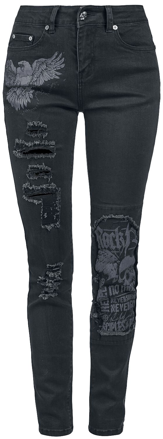 Rock Rebel by EMP - Rock Jeans - Skarlett - Jeans mit Prints und Rissen - W26L32 bis W31L34 - für Damen - Größe W28L32 - schwarz