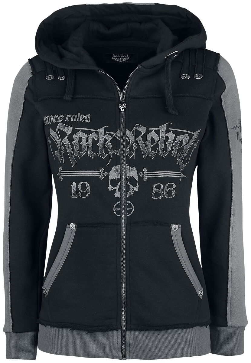 Rock Rebel by EMP - Rock Kapuzenjacke - Schwarze Kapuzenjacke mit Rock Rebel und Skull-Prints - S bis 5XL - für Damen - Größe 5XL - schwarz