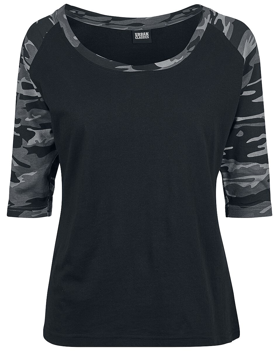 Urban Classics - Camouflage/Flecktarn Langarmshirt - Ladies 3/4 Contrast Raglan Tee - XS bis 5XL - für Damen - Größe 3XL - schwarz/darkcamo