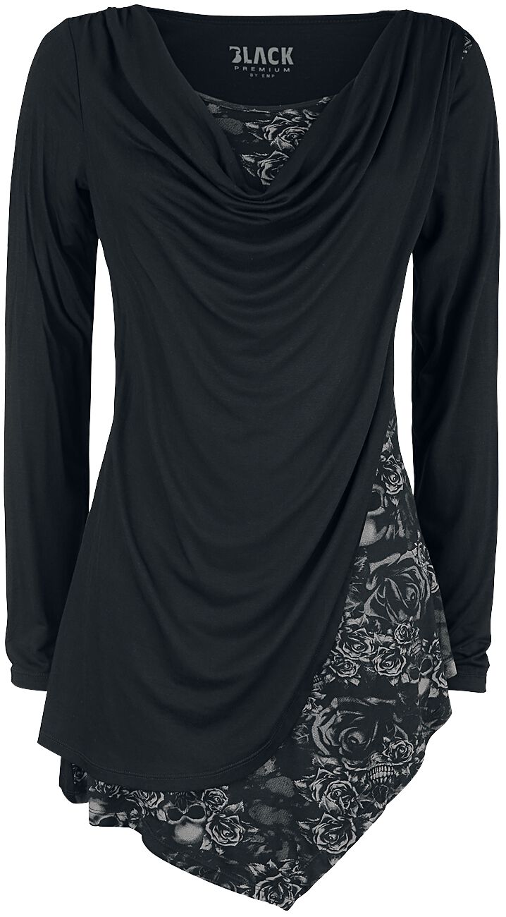 Black Premium by EMP Schwarzes Langarmshirt mit Wasserfallausschnitt und Print Langarmshirt schwarz in XL