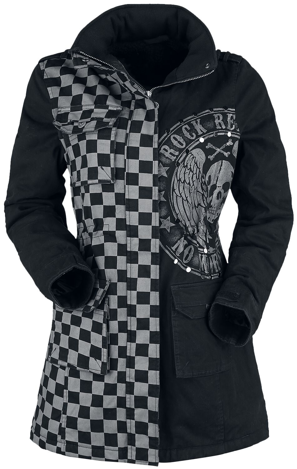 Rock Rebel by EMP - Rock Winterjacke - schwarz/graue Jacke mit Nieten und Print - S bis XXL - für Damen - Größe S - grau/schwarz