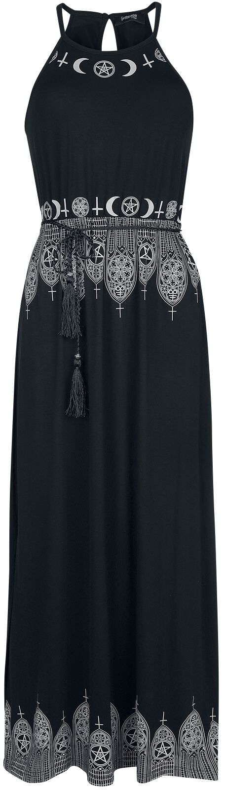 Gothicana by EMP - Gothic Kleid lang - Schwarzes Maxikleid mit Prints und schmalem Bindegürtel - S bis 5XL - für Damen - Größe 3XL - schwarz