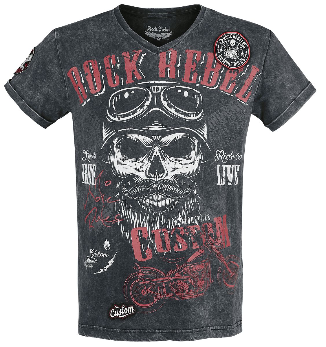 Image of T-Shirt di Rock Rebel by EMP - Black T-shirt with V-Neckline and Print - S a XXL - Uomo - nero
