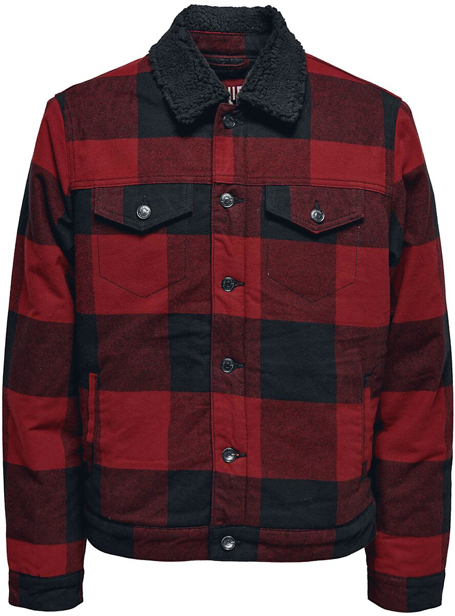 ONLY and SONS ONSLOUIS Trucker Teddy Check Übergangsjacke rot schwarz