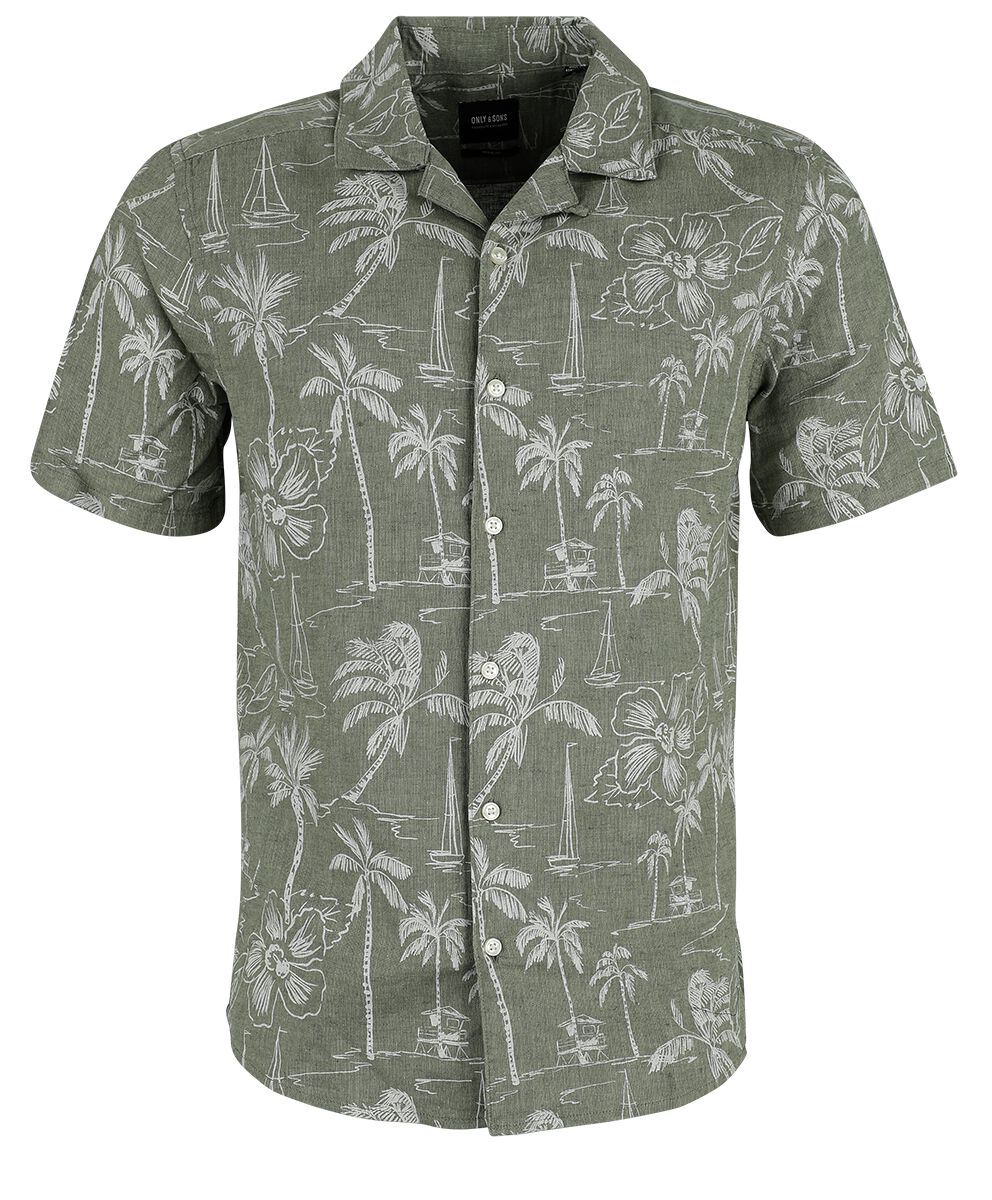 Image of Camicia Maniche Corte di ONLY and SONS - ONSCaiden Reg Hawaii AOP Linen - S a M - Uomo - verde