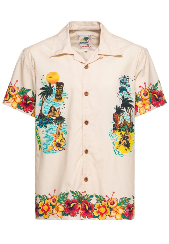 King Kerosin - Rockabilly Kurzarmhemd - Honolulu Tropical Hawaiian Style Shirt - M bis 4XL - für Männer - Größe XXL - natur